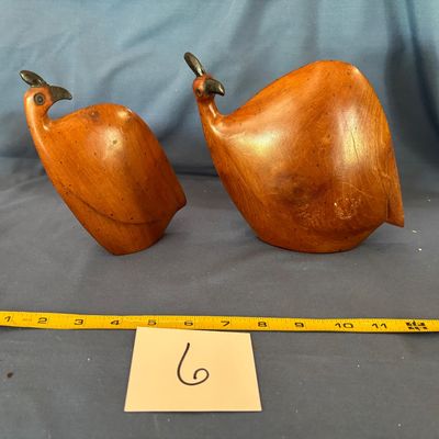 Vintage 2 Pc Set African Mid-Century Wooden Guinea Fowl Family Hand Carved Birds