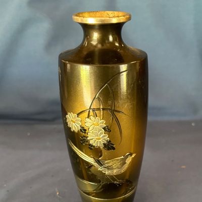 Japanese Etched Mixed Metal Bird In Tree Vase
