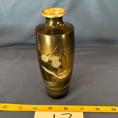 Japanese Etched Mixed Metal Bird In Tree Vase