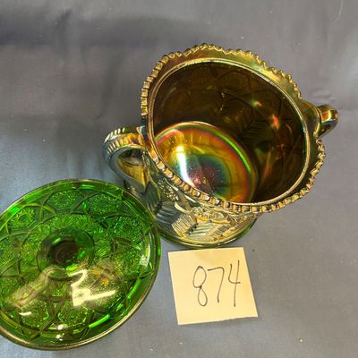 Cambridge Green Carnival Glass Inverted Feather Cracker Biscuit Cookie Jar