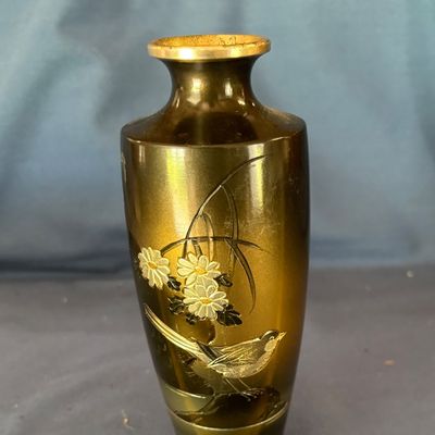 Japanese Etched Mixed Metal Bird In Tree Vase