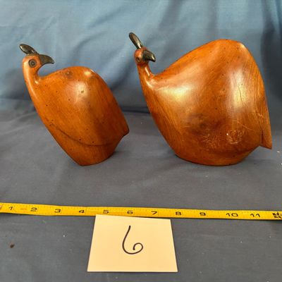 Vintage 2 Pc Set African Mid-Century Wooden Guinea Fowl Family Hand Carved Birds