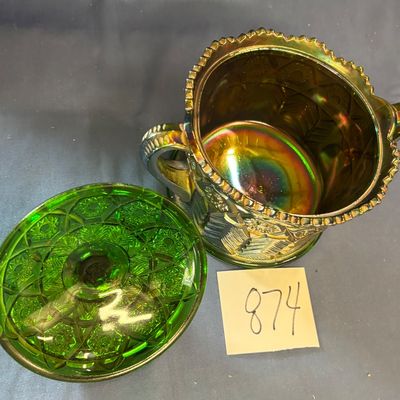 Cambridge Green Carnival Glass Inverted Feather Cracker Biscuit Cookie Jar