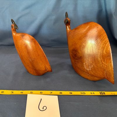 Vintage 2 Pc Set African Mid-Century Wooden Guinea Fowl Family Hand Carved Birds