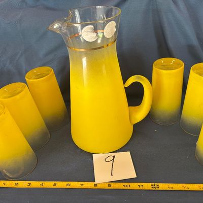 Vintage MCM Blendo Frosted Sunshine Yellow Pitcher 64 Oz Pitcher W/6 Glasses