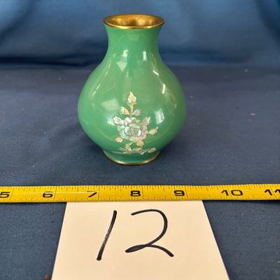 Vintage Emerald Green Cased White Vase Gold Trim Florals Asian