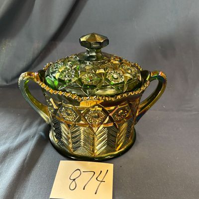 Cambridge Green Carnival Glass Inverted Feather Cracker Biscuit Cookie Jar