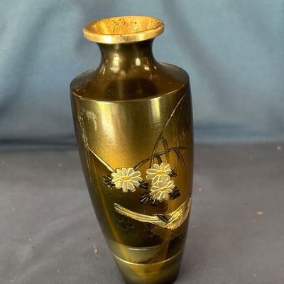 Japanese Etched Mixed Metal Bird In Tree Vase