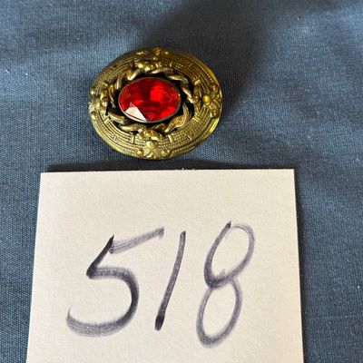 Antique Gold Tone Metal Clip Pin With Red Gem