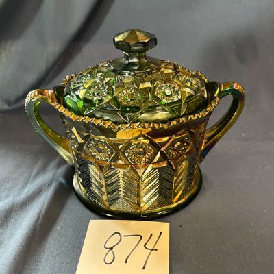 Cambridge Green Carnival Glass Inverted Feather Cracker Biscuit Cookie Jar
