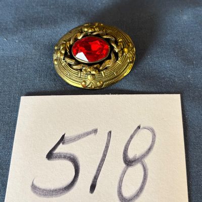 Antique Gold Tone Metal Clip Pin With Red Gem
