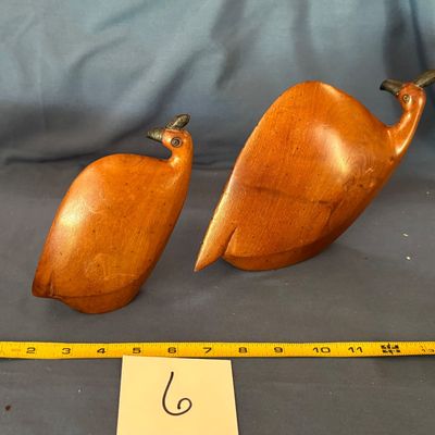 Vintage 2 Pc Set African Mid-Century Wooden Guinea Fowl Family Hand Carved Birds