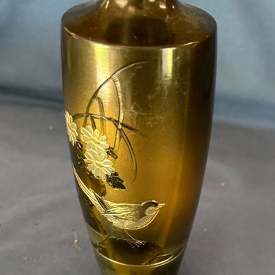Japanese Etched Mixed Metal Bird In Tree Vase