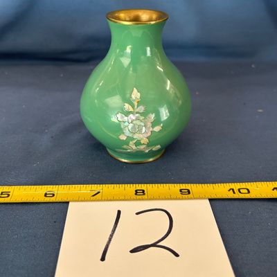 Vintage Emerald Green Cased White Vase Gold Trim Florals Asian
