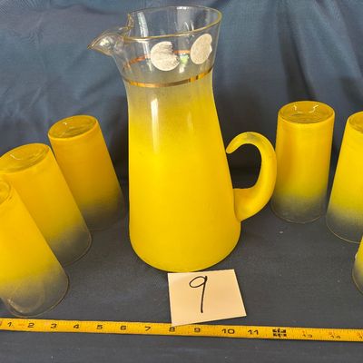 Vintage MCM Blendo Frosted Sunshine Yellow Pitcher 64 Oz Pitcher W/6 Glasses