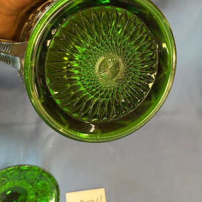 Cambridge Green Carnival Glass Inverted Feather Cracker Biscuit Cookie Jar