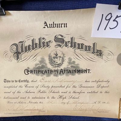 1906 Auburn Nebraska Certificate of Attendance