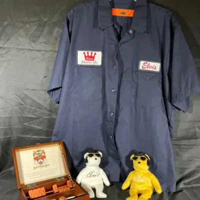Vintage Elvis Crown Electric Co. Work Shirt, Shut-the-Box Game & Elvis Plush Bear Lot