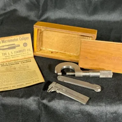 Vintage L.S. Starrett Outside Micrometer with Original Wood Case, with square.