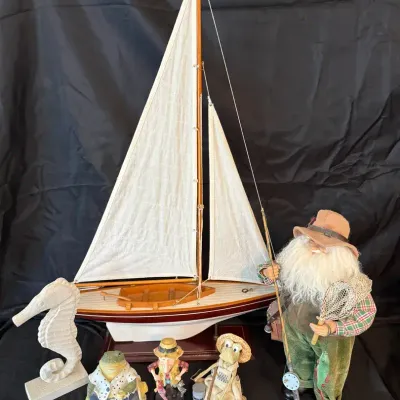 Nautical Sailboat Model with Fisherman Doll & Coastal Décor Collection