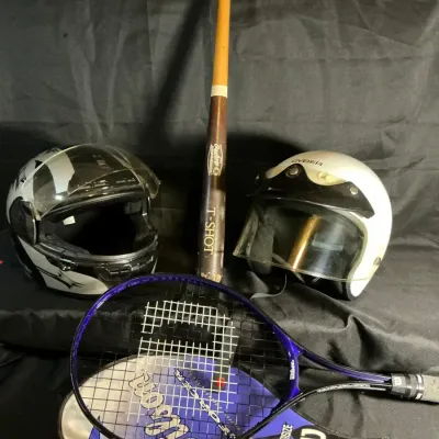 Sports Equipment Lot – Wilson Tennis Racquet, Rawlings T-Shot Bat & Two Motorcycle Helmets