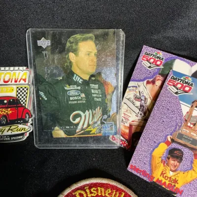 Vintage NASCAR, Daytona & Disney Collectibles Lot – Pins, Patches, Cards, Magnets & Souvenirs