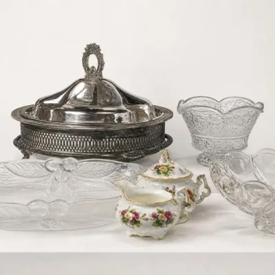 Sale Photo Thumbnail #218: Silver-Tone Covered Serving Dish, Glass Bowls, and Floral Porcelain Creamer and Sugar
