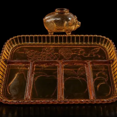 Sale Photo Thumbnail #186: Amber Glass Divided Tray with Pig Shaped Jar