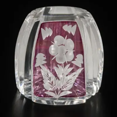 Sale Photo Thumbnail #139: Clear and Purple Glass Floral Paperweight