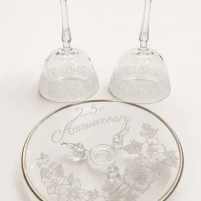 Sale Photo Thumbnail #220: Etched Glass 25th Anniversary Plate and Two Goblets