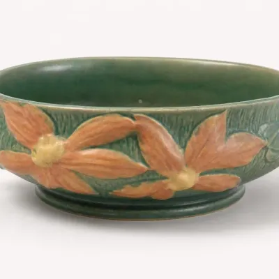 Sale Photo Thumbnail #25: Green Ceramic Bowl With Raised Orange Floral Design