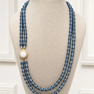 Sale Photo Thumbnail #121: Double Strand Blue Bead Necklace with Gold-Tone Clasp