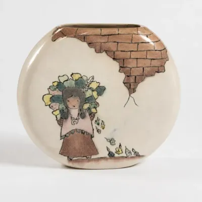 Sale Photo Thumbnail #234: Round Ceramic Vase With Painted Girl and Brick Design