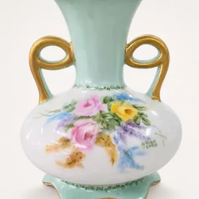 Sale Photo Thumbnail #329: Hand-Painted Floral Ceramic Vase with Gold-Tone Handles