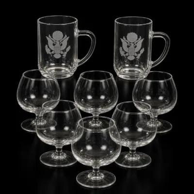 Sale Photo Thumbnail #225: Etched Glass Mugs and Brandy Snifters Set