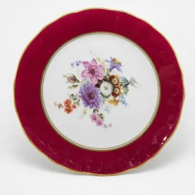 Sale Photo Thumbnail #328: Floral Porcelain Plate with Red Border