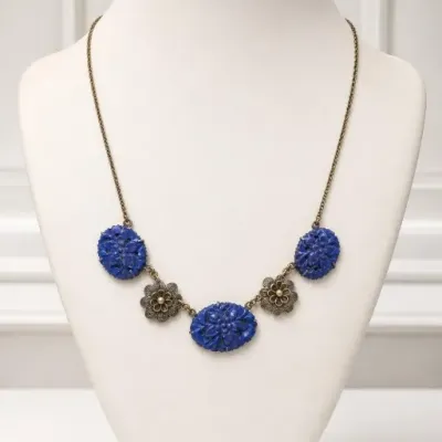 Sale Photo Thumbnail #58: Blue and Bronze-Tone Floral Necklace