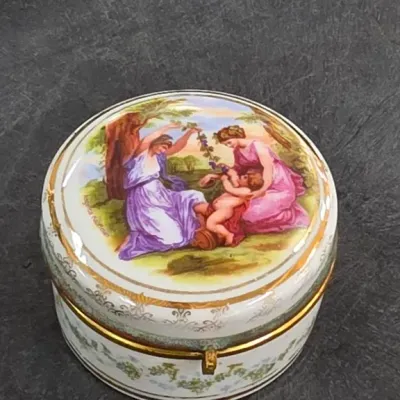 Sale Photo Thumbnail #302: Round Porcelain Trinket Box with Figural Scene
