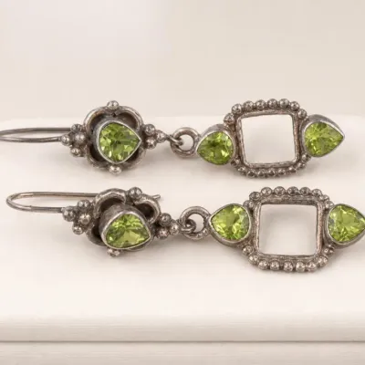 Sale Photo Thumbnail #22: Silver-Tone Drop Earrings with Green Stones