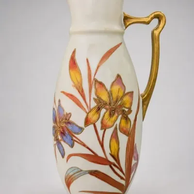 Sale Photo Thumbnail #312: Floral Ceramic Pitcher with Gold-Tone Handle