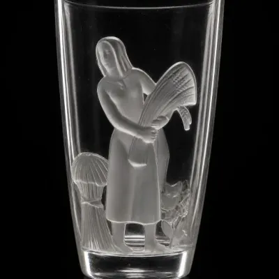 Sale Photo Thumbnail #80: Clear Glass Vase with Etched Woman and Wheat Design
