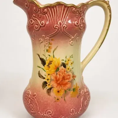 Sale Photo Thumbnail #21: Floral Ceramic Pitcher with Pink and Yellow Design
