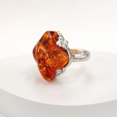 Sale Photo Thumbnail #42: Silver-Tone Ring with Large Amber-Colored Stone