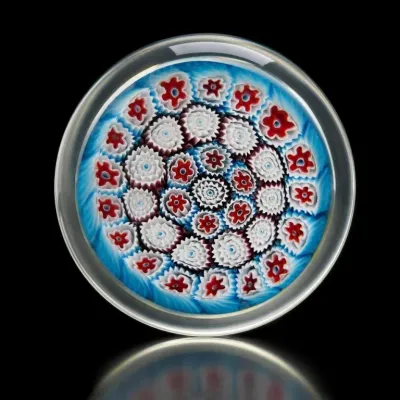 Sale Photo Thumbnail #158: Millefiori Glass Paperweight with Red and White Floral Design