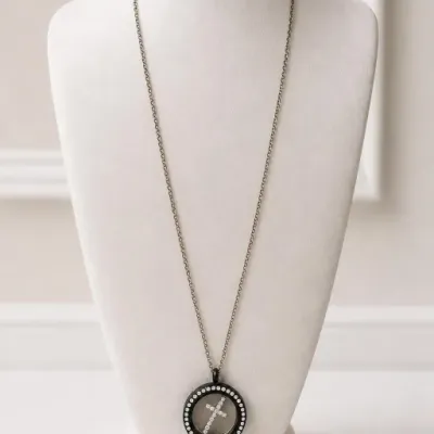 Sale Photo Thumbnail #44: Silver-Tone Cross Pendant Necklace with Clear Stones