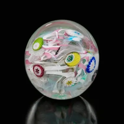 Sale Photo Thumbnail #155: Multicolor Glass Paperweight with Ribbon and Millefiori Design