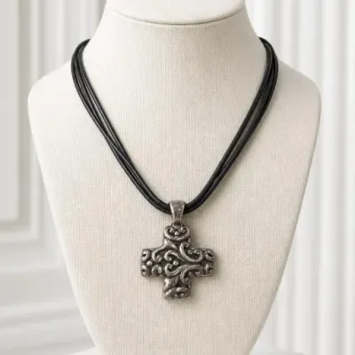 Sale Photo Thumbnail #16: Silver-Tone Cross Pendant on Black Cord Necklace