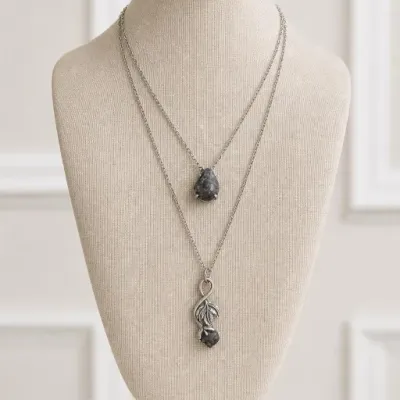 Sale Photo Thumbnail #101: Two Silver-Tone Necklaces with Dark Stone Pendants