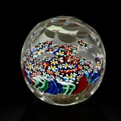 Sale Photo Thumbnail #148: Faceted Glass Paperweight With Colorful Floral Design