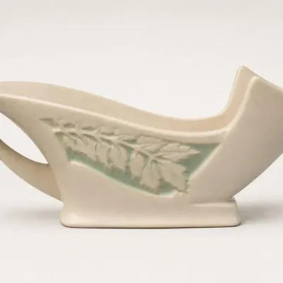 Sale Photo Thumbnail #23: Cream and Green Ceramic Planter with Leaf Design